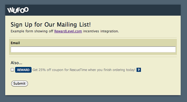 Eample RewardLevel integration in Wufoo form.